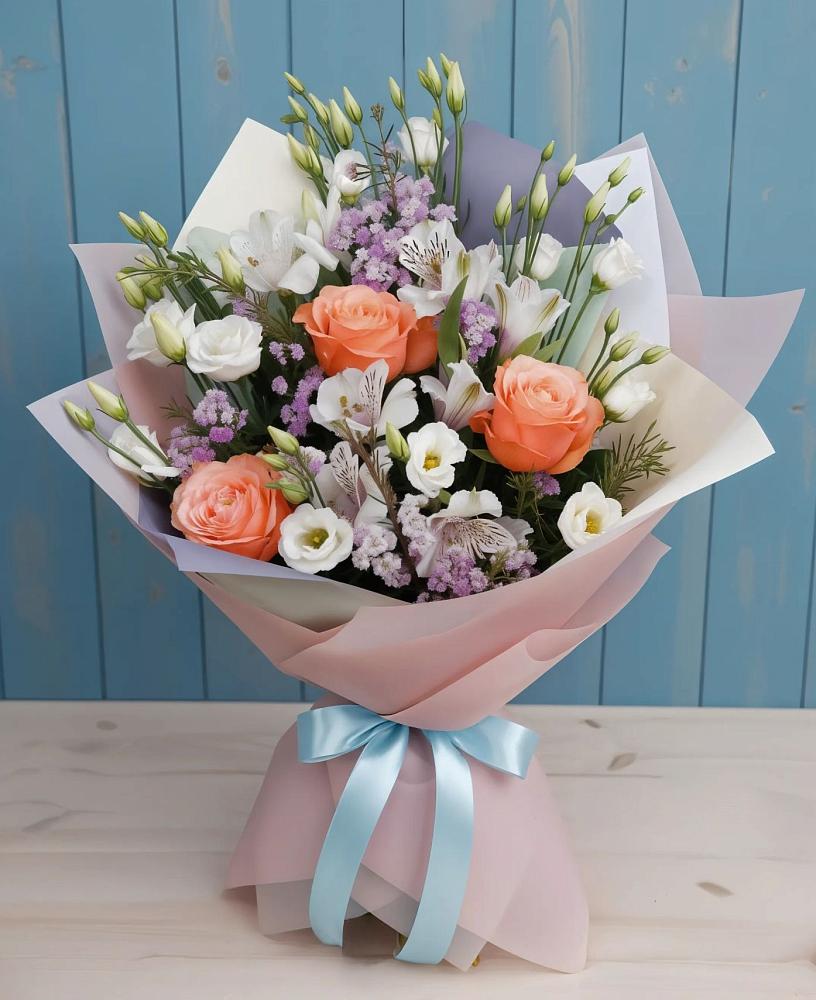 Букет цветов из: Лизиантусы, Розы, Альстромерии и Гипсофила в Сольвычегодске