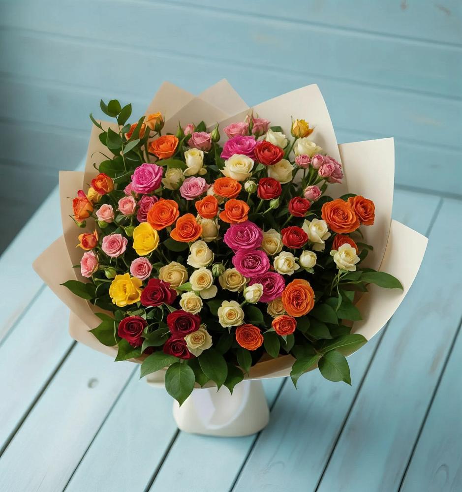 Букет Микс из разноцветных кустовых роз в Сольвычегодске
