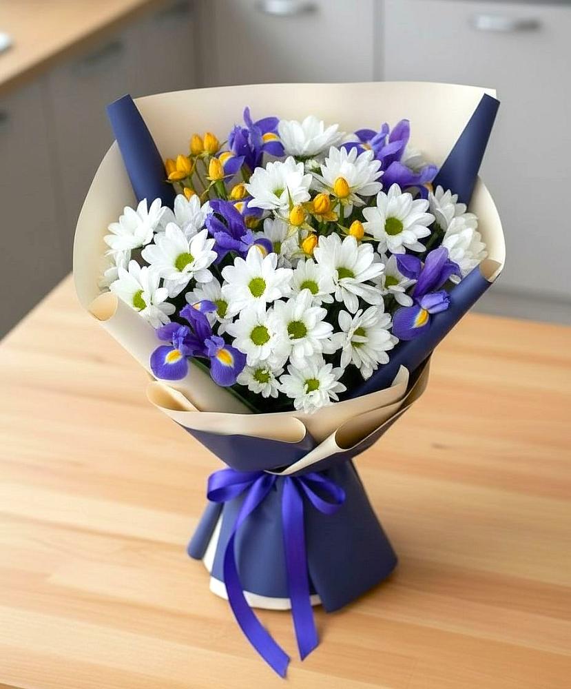 Букет цветов из: Розы, Ирисы и Хризантемы в Сольвычегодске